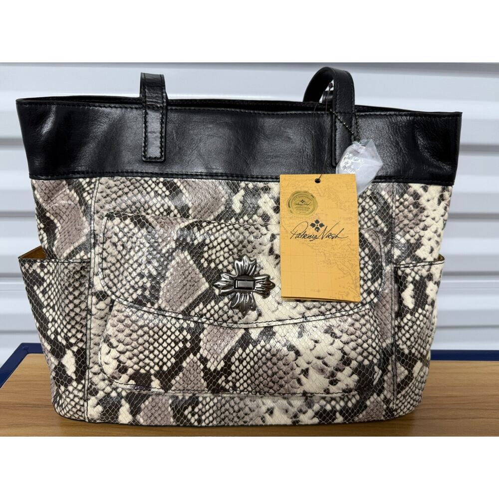 Patricia Nash ALVIANO Leather Shopper Shoulder Tote Bag PURSE BLACK WHITE